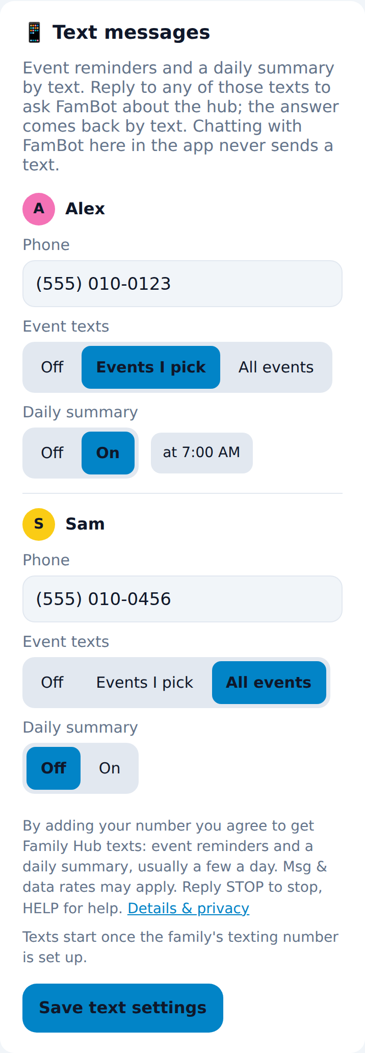 The Text messages section of Family Hub's Settings: each family member has a phone number field, an Event texts choice (Off, Events I pick, All events), a Daily summary on or off switch with a time, the consent sentence, and a Save text settings button.